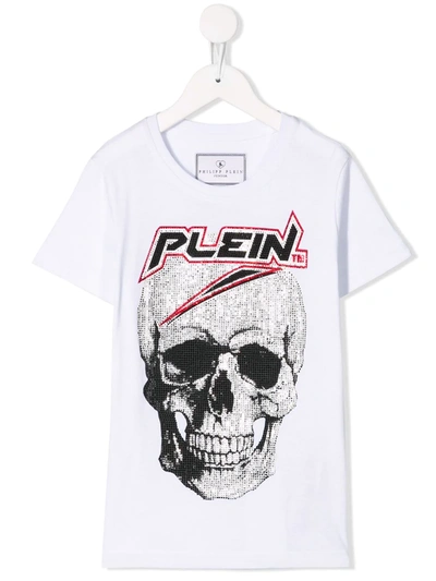 Philipp Plein Junior Kids' Skull Embellished Cotton Jersey T-shirt In White