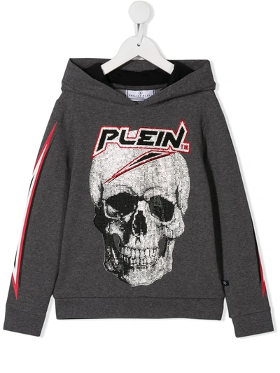 Philipp Plein Junior Kids' Skull Embellished Cotton Sweatshirt In Grey