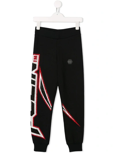 Philipp Plein Junior Kids' Embellished Logo Cotton Sweatpants In Black