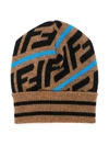 Fendi Kids' Logo Jacquard Cotton Blend Hat In Brown
