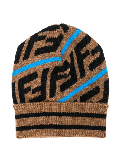 Fendi Kids' Logo Jacquard Cotton Blend Hat In Brown