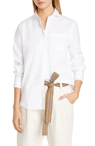 Brunello Cucinelli Monili Stripe Cuff Stretch Poplin Shirt In White