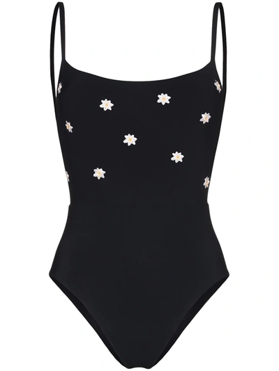 Anemone Narcissus Floral Embroidered Swimsuit In Black