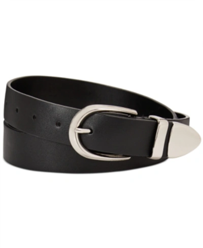 Calvin Klein Flat Strap Leather Belt With Metal Tip In Black/polished Nickel