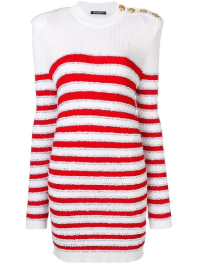 Balmain Button-embellished Sequined Striped Stretch-knit Mini Dress In White