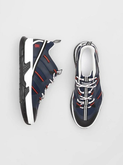 Burberry Leather And Mesh Union Sneakers In Navy