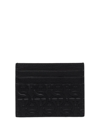 Ferragamo Travel Embossed Leather Card Holder In Black