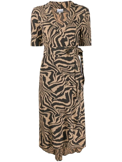 Ganni Tiger Swirl Print Wrap Dress In Neutrals