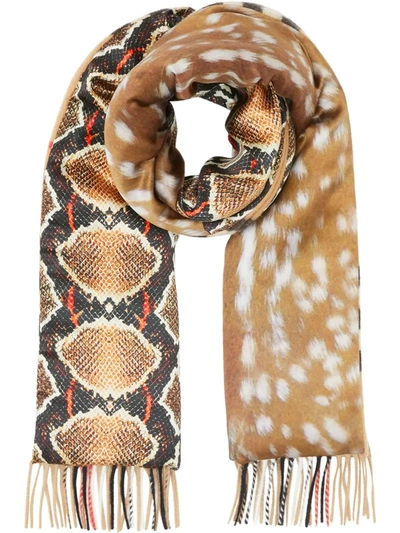 Burberry Check And Animal-print Scarf In Neutrals