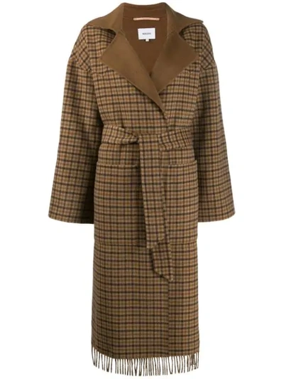 Nanushka Alamo Check Fringe Robe Coat In Brown