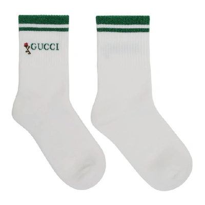 Gucci White And Green Shiny Pong Socks In 9066 Green