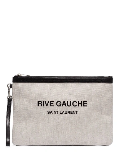 Saint Laurent Cream Rive Gauche Leather Canvas Pouch In Neutrals