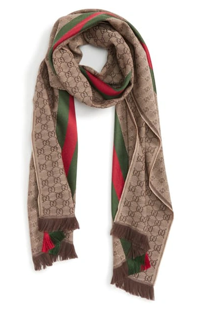 Gucci Verbier Wool & Silk Scarf In Light Brown/ Dark Green