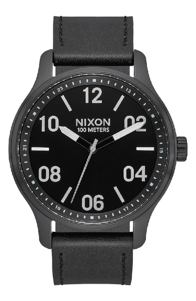 Nixon Men's Patrol Leather Strap Watch 42mm In Black / Silver / Black