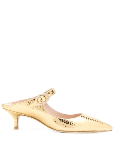 Stuart Weitzman Elisabetta Metallic Snakeskin-embossed Leather Mules In Rose Gold