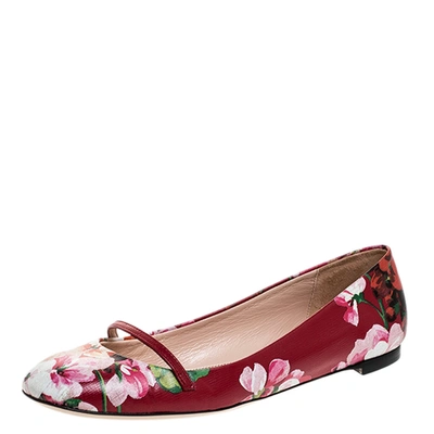 Pre-owned Gucci Red Floral Printed Leather Blooms Ballet Flats Size 37 In White