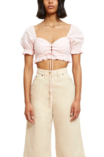 Callipygian Opening Ceremony Lace Up Ruffle Top In Baby Pink
