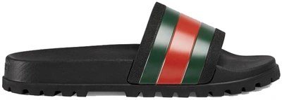 Pre-owned Gucci  Web Slide Sandal Black In Black/green-red