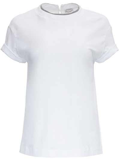 Brunello Cucinelli Bead-embellished Embroidered Cotton-jersey T-shirt In White