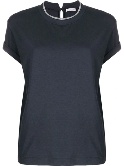 Brunello Cucinelli Brass-embellished Crew-neck T-shirt In Blue