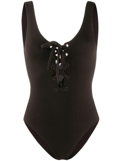 Ganni Tie-front Textured Swimsuit In Brown