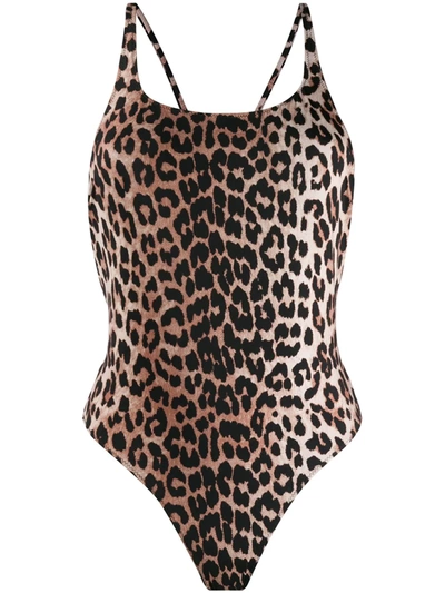 Ganni Leopard Print Bathing Suit In Neutrals