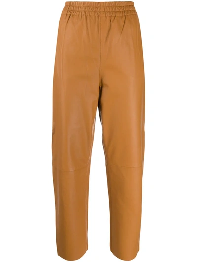 Pinko High-rise Leather-effect Cropped Trousers In Brown