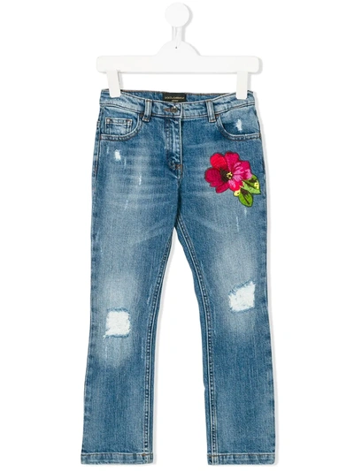 Dolce & Gabbana Kids' Flower Applique Jeans In Blue