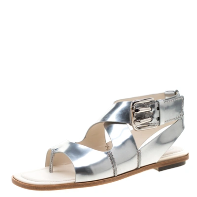 Pre-owned Tod's Metallic Silver Leather Flat Sandals Size 38.5