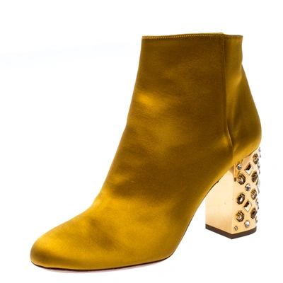 Pre-owned Aquazzura Yellow Satin Party Embellished Heel Ankle Booties Size 39.5