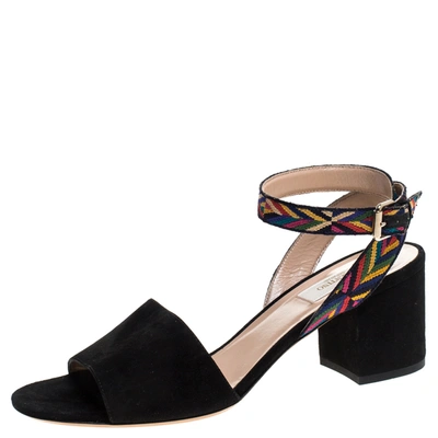 Pre-owned Valentino Garavani Black Suede And Multicolor Embroidered Fabric Strap Block Heel Sandals Size 38.5