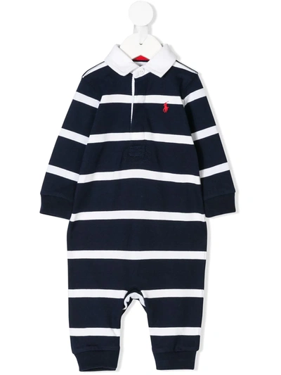 Polo Ralph Lauren Babies' Striped Cotton Jersey Rugby Coverall In French Navy
