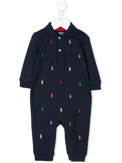 Ralph Lauren Babies' Logo Embroidered Rompers In Blue