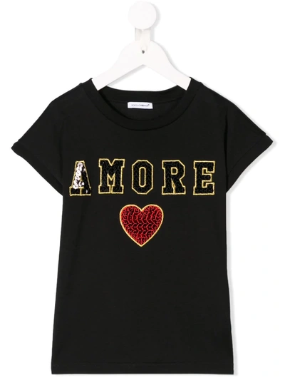 Dolce & Gabbana Kids' Amore Sequin Embroidered T-shirt In Black