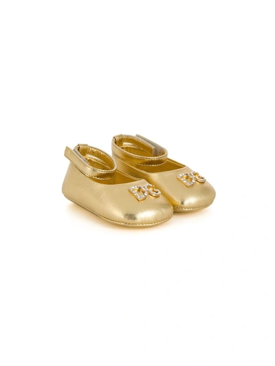 Dolce & Gabbana Babies' Crystal Embellished Ballerina Shoes In Gold