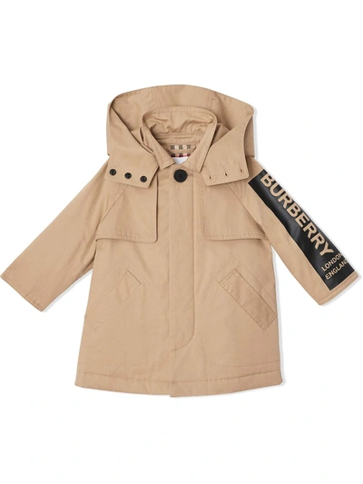 Burberry Babies' Detachable Hood Logo Print Twill Car Coat In Miele