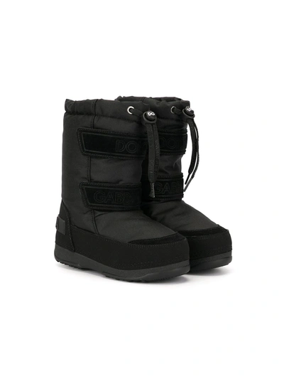 Dolce & Gabbana Kids' Nylon And Split-grain Leather Snow Boots With Logo In Black