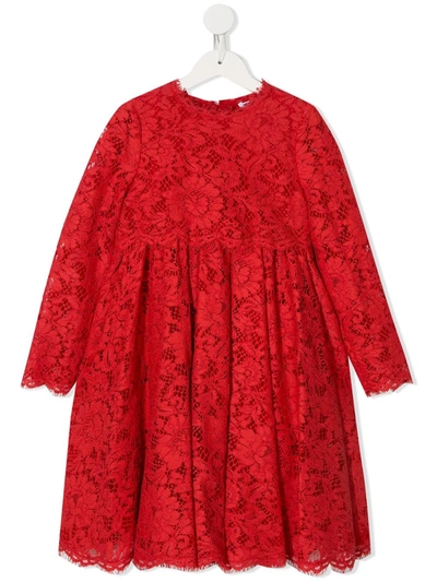 Dolce & Gabbana Kids' Long-sleeve Lace Dress In Red