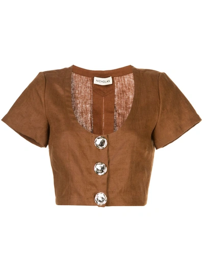 Nicholas Lou Pleated Linen Cropped Top In Brown