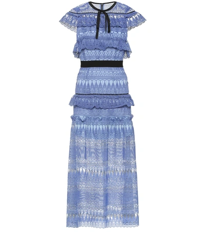 Self-portrait Daphne Grosgrain-trimmed Ruffled Guipure Lace Midi Dress In Blue,black