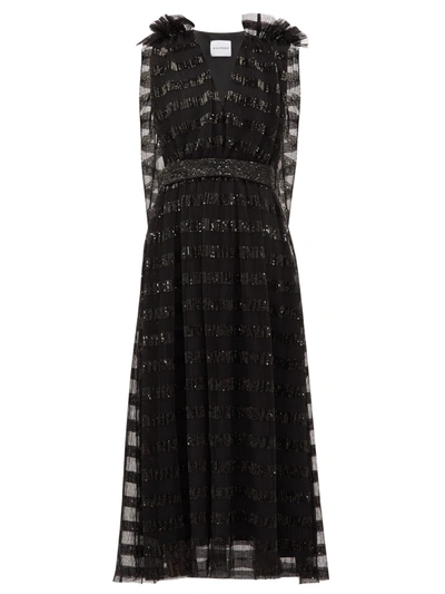 Halpern Ruffled Sequin-embellished Pleated Tulle Midi Dress In Black