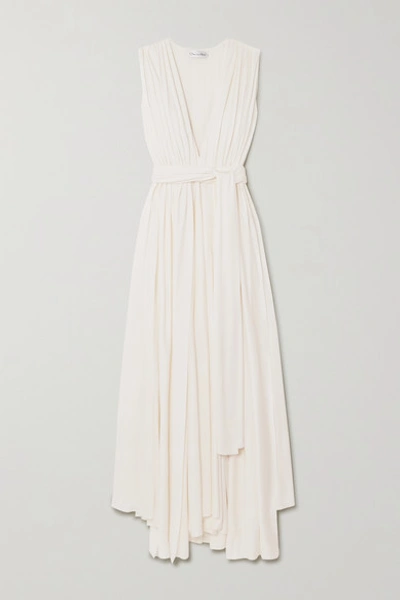 Oscar De La Renta Belted Asymmetric Pleated Cady Gown In Ivory