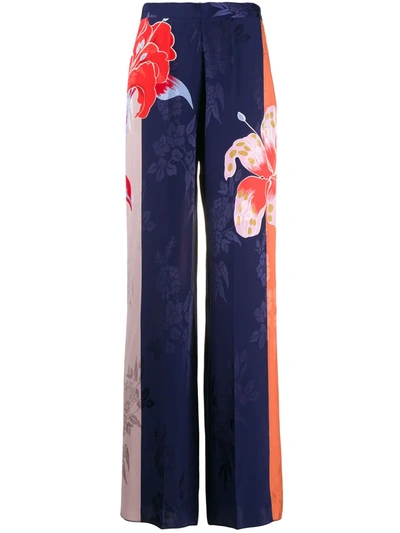 Etro Floral-print Color-block Jacquard Wide-leg Pants In Blue