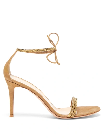 Gianvito Rossi Camnero 105 Crystal-embellished Iridescent Suede Sandals In Gold