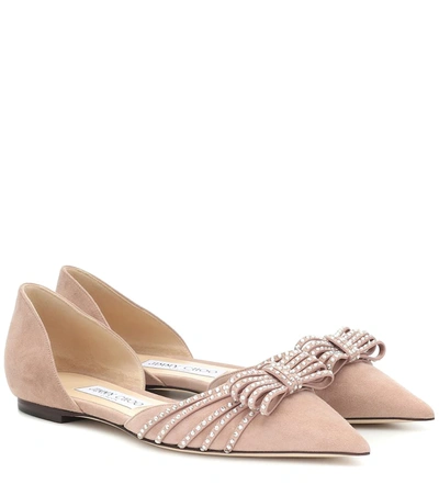 Jimmy Choo Kaitence Crystal-embellished Suede Point-toe Flats In Pink