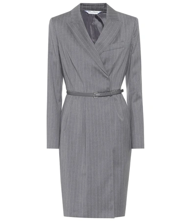 Max Mara Martin Belted Pinstriped Wool Wrap Dress In Grey