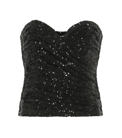 Saint Laurent Ruched Sequined Mesh Bustier Top In Black