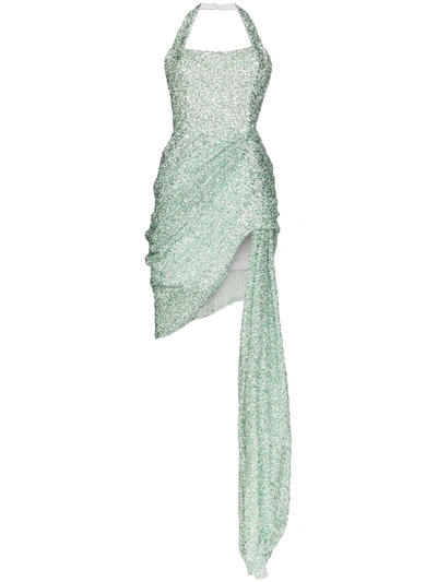 Halpern Asymmetric Draped Sequined Lace Dress In Metallic
