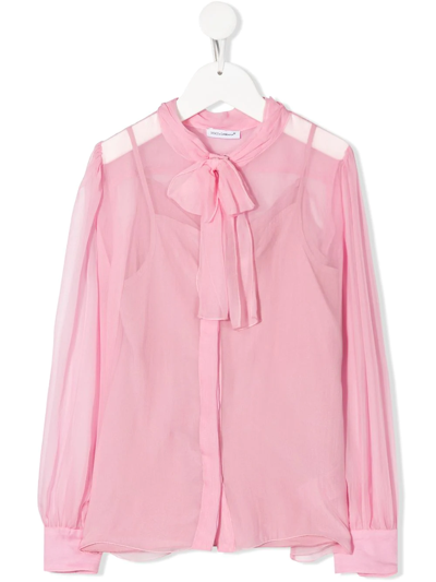 Dolce & Gabbana Kids' Pussy Bow-fastening Silk Shirt In Pink