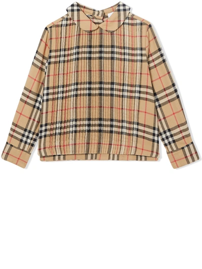 Burberry Kids' Pintuck Detail Vintage Check Blouse In Archive Beige Check